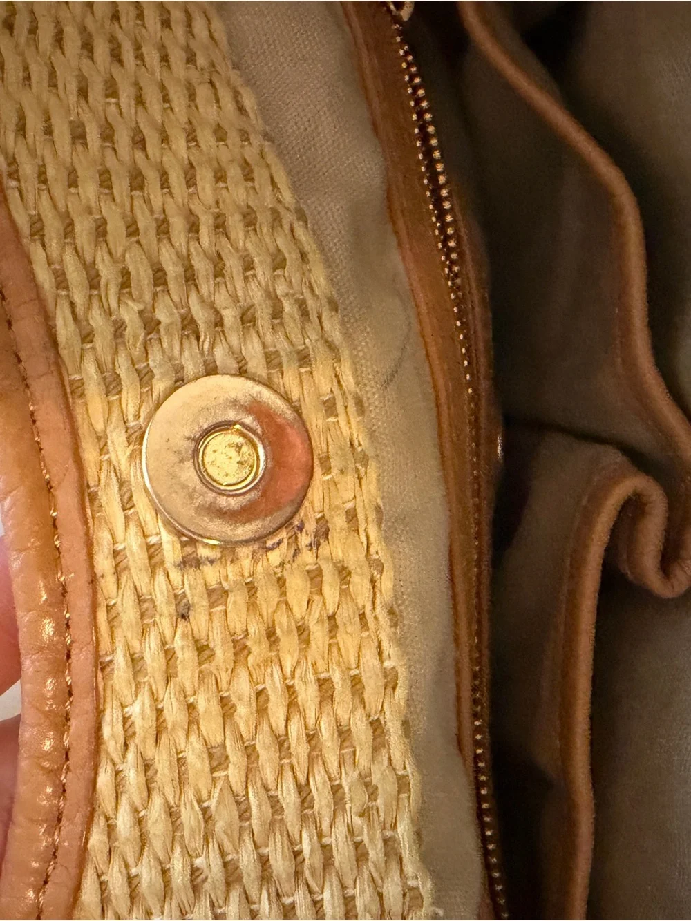 Tory Burch Beige Woven Tote with Leather Trim and Logo